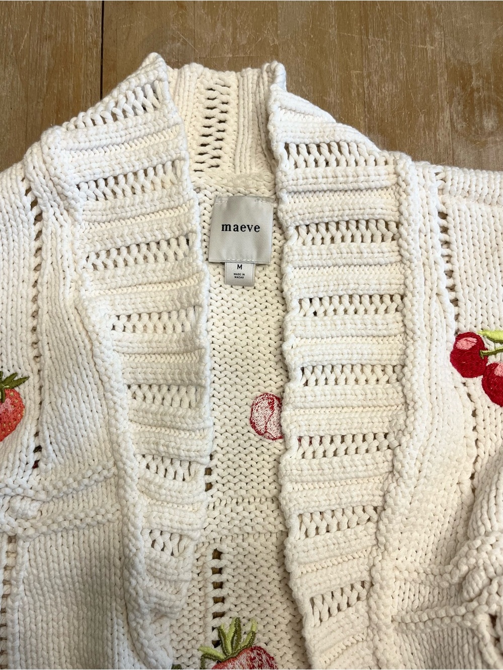 Anthropologie Maeve Cream Open-Knit Cardigan with Strawberry Embroidery - Picture 2 of 9